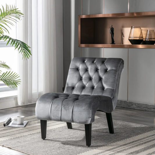 COOLMORE Modern Velvet Armless Accent Living Room Chair / Leisure Chair,Upholstered Fabric Button Comfortable Chair with Wooden Legs for Bedroom, Living Room, Office (Silver Velvet)-海智集-Default-