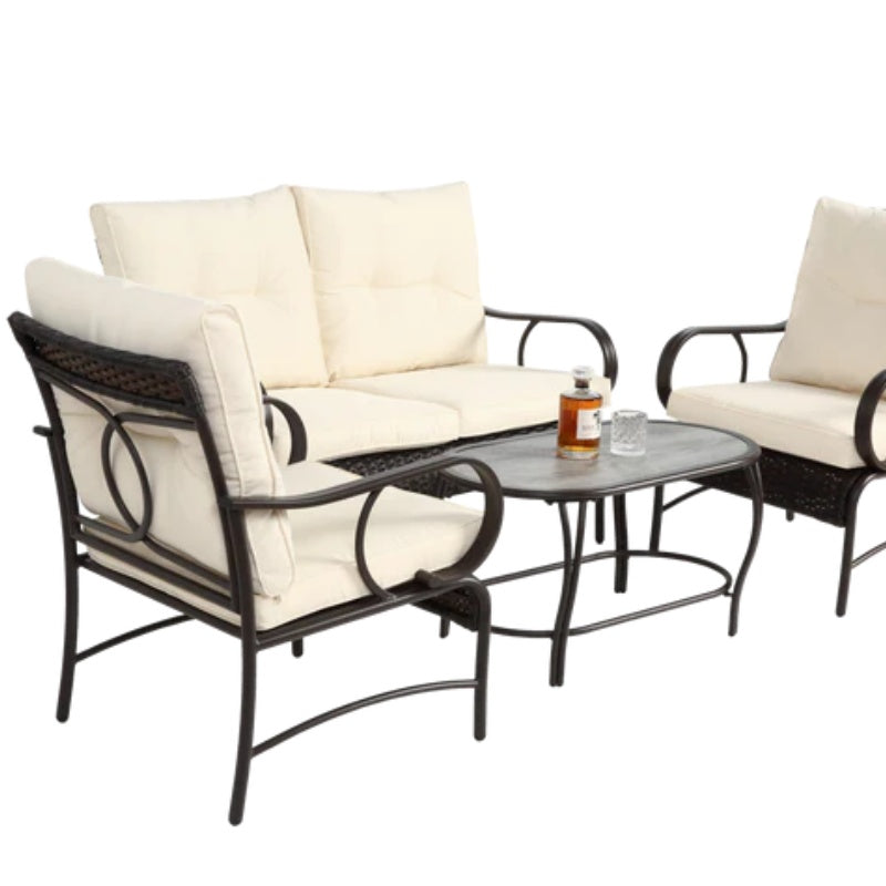 4 Piece Outdoor Patio Furniture Sets, Wicker Conversation Set for Porch Deck, Brown Rattan Sofa Chair with Cushion-海智集-Default-