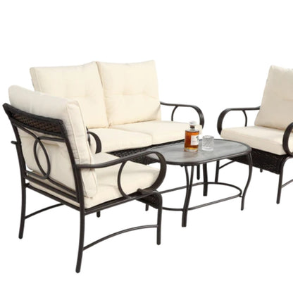 4 Piece Outdoor Patio Furniture Sets, Wicker Conversation Set for Porch Deck, Brown Rattan Sofa Chair with Cushion-海智集-Default-