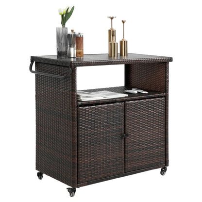 Outdoor Wicker Bar Cart, Patio Wine Serving Cart w/Wheels , Rolling Rattan Beverage Bar Counter Table w/Glass Top for Porch Backyard Garden Poolside Party, Light brown-海智集-Default-