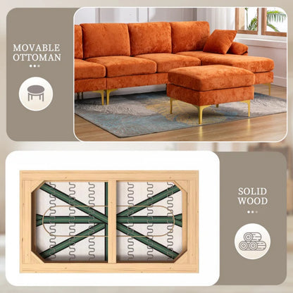 COOLMORE U-shape sectional sofa with Ottoman , Reversible Sofa Couch for Living Room,Spacious Furniture,Durable Couch Removable and machine washable cover (Orange Velvet)-海智集-Default-