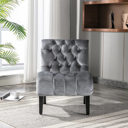 COOLMORE Modern Velvet Armless Accent Living Room Chair / Leisure Chair,Upholstered Fabric Button Comfortable Chair with Wooden Legs for Bedroom, Living Room, Office (Silver Velvet)-海智集-Default-