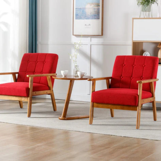 Accent Chairs Set of 2 with Side Table, Mid Century Modern Accent Chair, Wood and Fabric Armchairs Side Chair, Lounge Reading Comfy Arm Chair for Living Room, Bedroom, Office-海智集-Default-