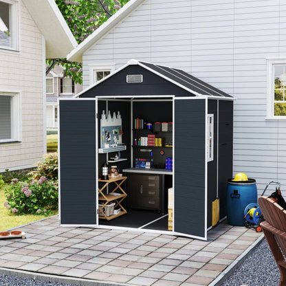 Campcraft 6*6ft resin storage shed, high quality pp material, strong structure, waterproof, rust and UV proof, large storage space, 12mm thick pp board, HD window lighting Dark gray-海智集-Default-