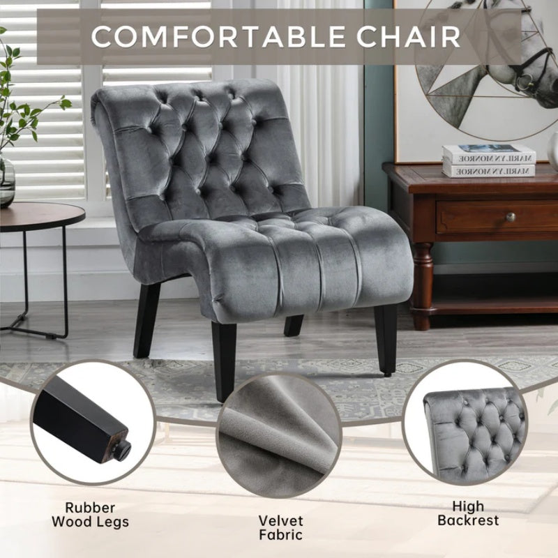 COOLMORE Modern Velvet Armless Accent Living Room Chair / Leisure Chair,Upholstered Fabric Button Comfortable Chair with Wooden Legs for Bedroom, Living Room, Office (Silver Velvet)-海智集-Default-