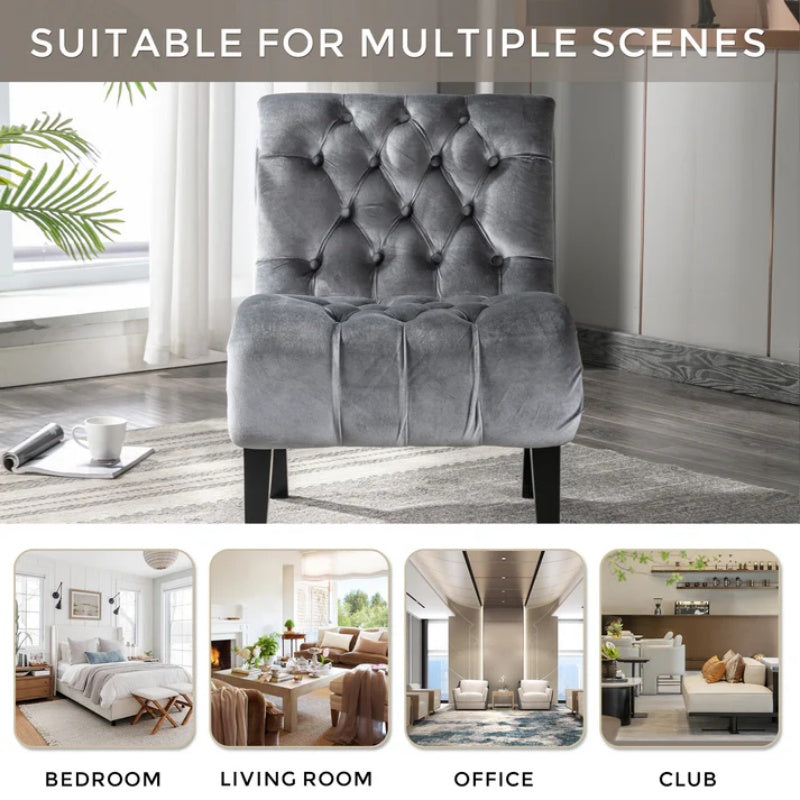 COOLMORE Modern Velvet Armless Accent Living Room Chair / Leisure Chair,Upholstered Fabric Button Comfortable Chair with Wooden Legs for Bedroom, Living Room, Office (Silver Velvet)-海智集-Default-