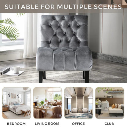 COOLMORE Modern Velvet Armless Accent Living Room Chair / Leisure Chair,Upholstered Fabric Button Comfortable Chair with Wooden Legs for Bedroom, Living Room, Office (Silver Velvet)-海智集-Default-