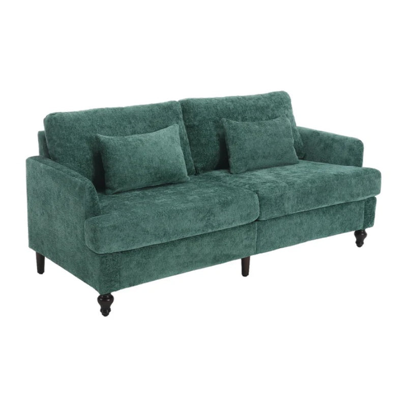 Mid Century Modern Chenille Fabric Loveseat Sofa, 2-Seat Upholstered Couch with Brown Wood Feet, Emerald-海智集-Default-