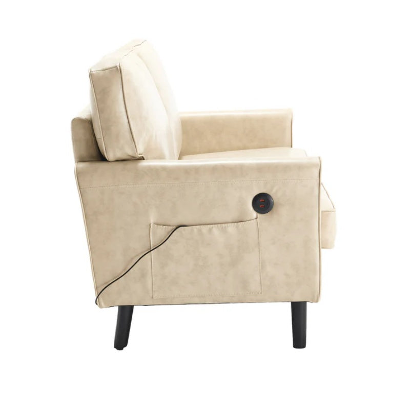 Mid Century Modern Loveseat Sofa, 2 Seater with USB & Removable Pillow Cover, Camel PU, 56.30''-海智集-Default-