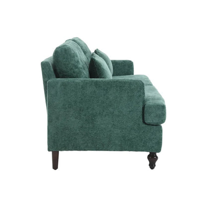 Mid Century Modern Chenille Fabric Loveseat Sofa, 2-Seat Upholstered Couch with Brown Wood Feet, Emerald-海智集-Default-