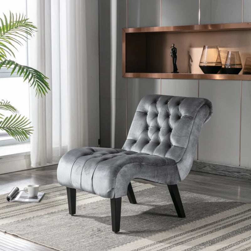 COOLMORE Modern Velvet Armless Accent Living Room Chair / Leisure Chair,Upholstered Fabric Button Comfortable Chair with Wooden Legs for Bedroom, Living Room, Office (Silver Velvet)-海智集-Default-
