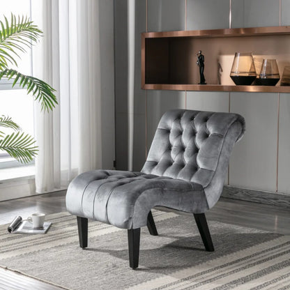 COOLMORE Modern Velvet Armless Accent Living Room Chair / Leisure Chair,Upholstered Fabric Button Comfortable Chair with Wooden Legs for Bedroom, Living Room, Office (Silver Velvet)-海智集-Default-