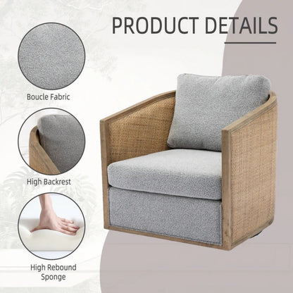 Swivel Barrel Chair, Comfy Round Accent Sofa Chair, 360 Degree Swivel, Gray Boucle, Solid Wood Frame-海智集-Default-