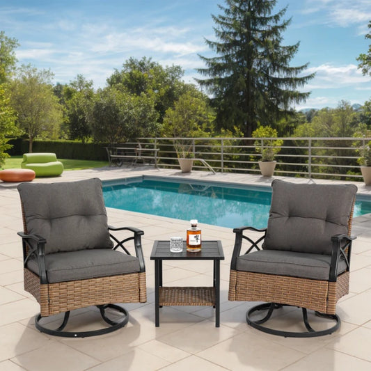 Outdoor Swivel Rocker Chairs Set 3 Piece with 1 Table and 2 Rocking & Swivel Chairs Support 350lbs Brown Wicker Outdoor Furniture Patio Conversation Set-海智集-Default-