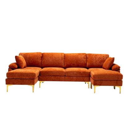 COOLMORE U-shape sectional sofa with Ottoman , Reversible Sofa Couch for Living Room,Spacious Furniture,Durable Couch Removable and machine washable cover (Orange Velvet)-海智集-Default-