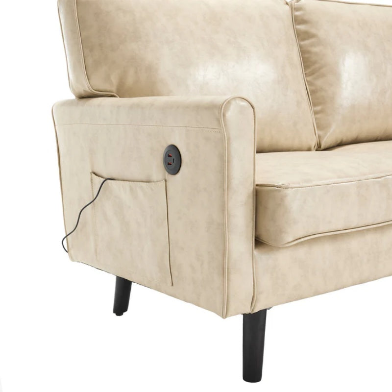 Mid Century Modern Loveseat Sofa, 2 Seater with USB & Removable Pillow Cover, Camel PU, 56.30''-海智集-Default-