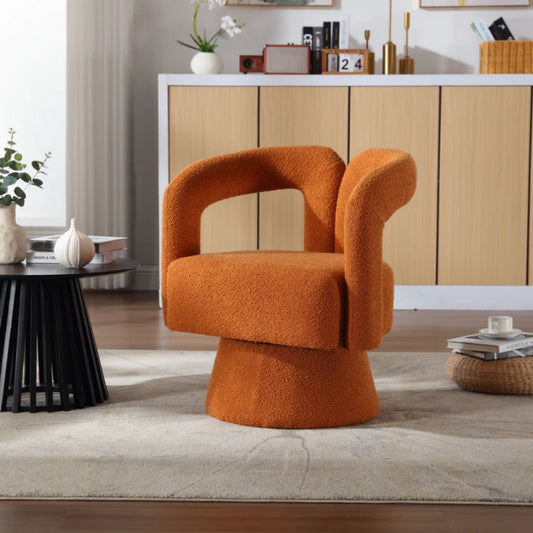 COOLMORE 360 Degree Swivel Cuddle Barrel Accent Chairs, Round Armchairs with Wide Upholstered, Fluffy Fabric Chair for Living Room, Bedroom, Office, Waiting Rooms (Orange Boucle)-海智集-Default-
