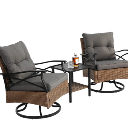 Outdoor Swivel Rocker Chairs Set 3 Piece with 1 Table and 2 Rocking & Swivel Chairs Support 350lbs Brown Wicker Outdoor Furniture Patio Conversation Set-海智集-Default-
