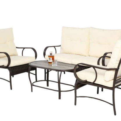 4 Piece Outdoor Patio Furniture Sets, Wicker Conversation Set for Porch Deck, Brown Rattan Sofa Chair with Cushion-海智集-Default-