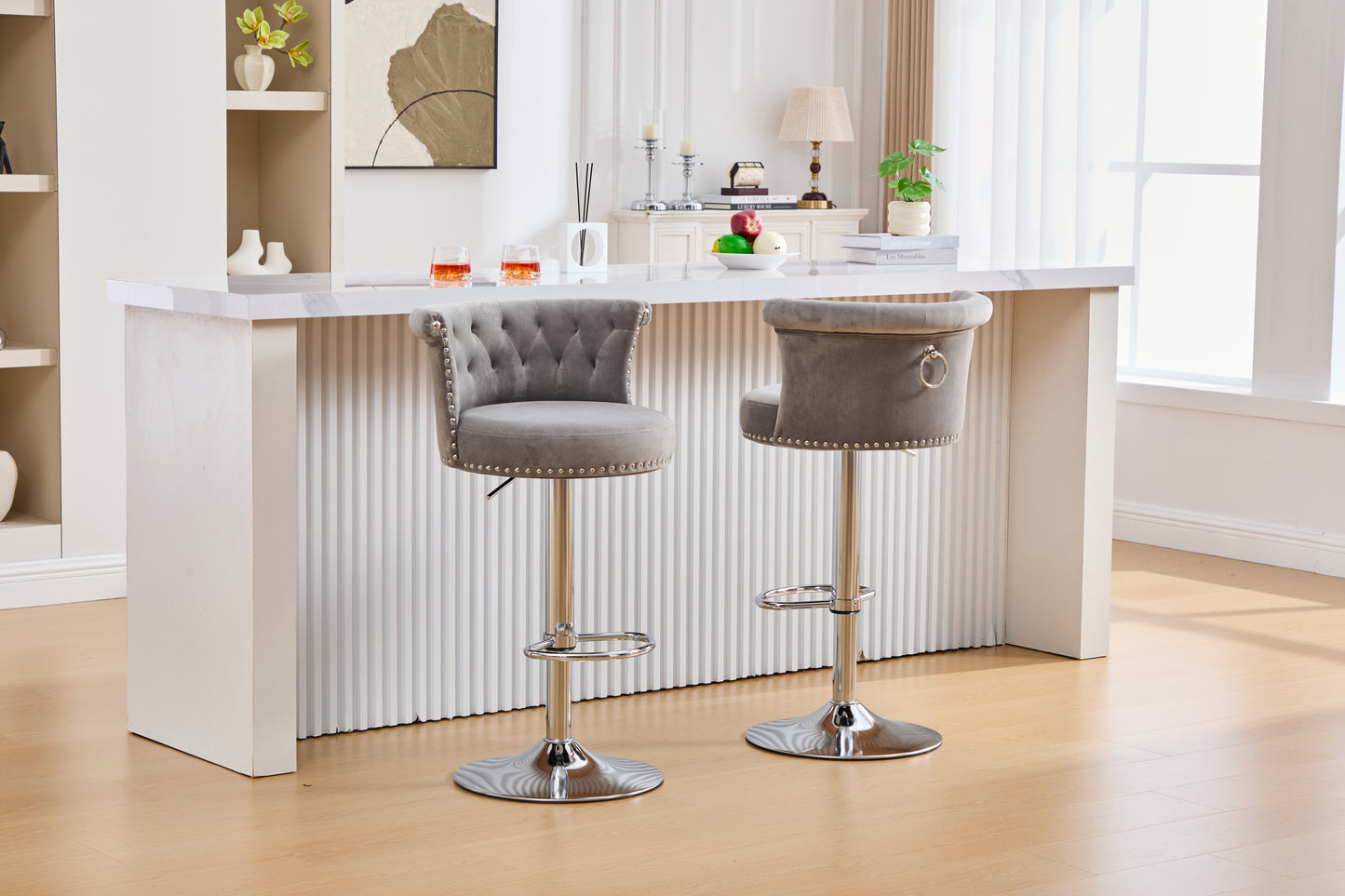 COOLMORE Velvet Bar Stool Set of 2, Adjustable Swivel Bar Stools with Silver Plated Metal Leg, Chrome Nailhead, Counter Height Chair for Kitchen,Dining Room-海智集-Default-