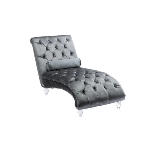 Velvet Chaise Lounge Indoor, Button-Tufted Upholstered Chaise Lounge Chair with Pillow, Silver Velvet, 63.98 Inches-海智集-Default-