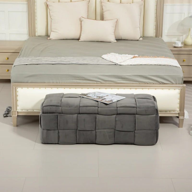 Stylish Velvet Storage Ottoman Bench with Safety Hinge for Living Room & Bedroom, Gray, 43.7'' x 17.32'' x 15.73''-海智集-Default-