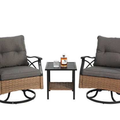 Outdoor Swivel Rocker Chairs Set 3 Piece with 1 Table and 2 Rocking & Swivel Chairs Support 350lbs Brown Wicker Outdoor Furniture Patio Conversation Set-海智集-Default-