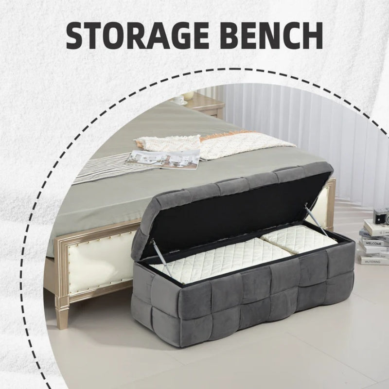 Stylish Velvet Storage Ottoman Bench with Safety Hinge for Living Room & Bedroom, Gray, 43.7'' x 17.32'' x 15.73''-海智集-Default-