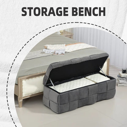 Stylish Velvet Storage Ottoman Bench with Safety Hinge for Living Room & Bedroom, Gray, 43.7'' x 17.32'' x 15.73''-海智集-Default-