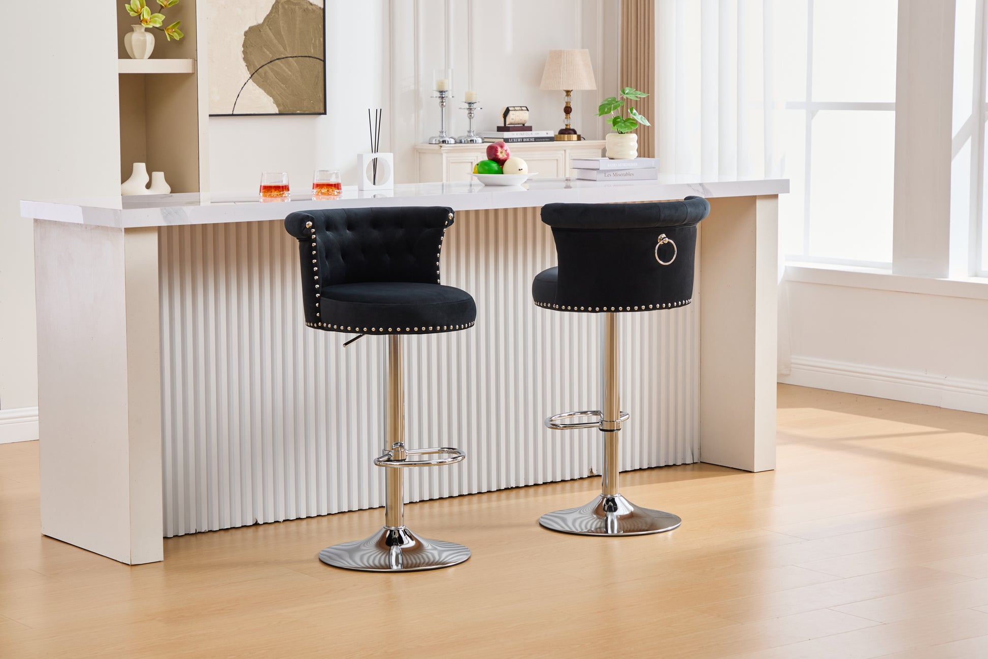 COOLMORE Velvet Bar Stool Set of 2, Adjustable Swivel Bar Stools with Silver Plated Metal Leg, Chrome Nailhead, Counter Height Chair for Kitchen,Dining Room-海智集-Default-