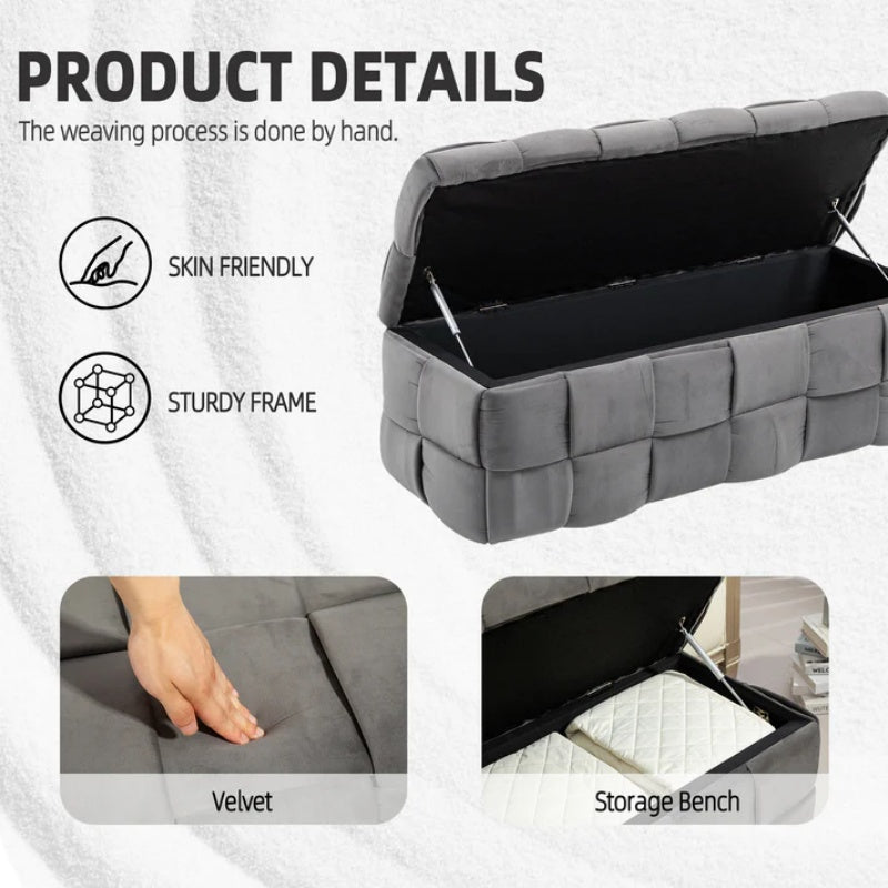 Stylish Velvet Storage Ottoman Bench with Safety Hinge for Living Room & Bedroom, Gray, 43.7'' x 17.32'' x 15.73''-海智集-Default-