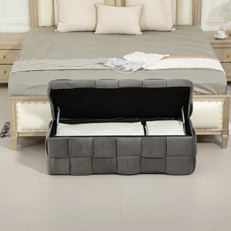 Stylish Velvet Storage Ottoman Bench with Safety Hinge for Living Room & Bedroom, Gray, 43.7'' x 17.32'' x 15.73''-海智集-Default-