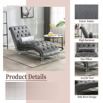 Velvet Chaise Lounge Indoor, Button-Tufted Upholstered Chaise Lounge Chair with Pillow, Silver Velvet, 63.98 Inches-海智集-Default-