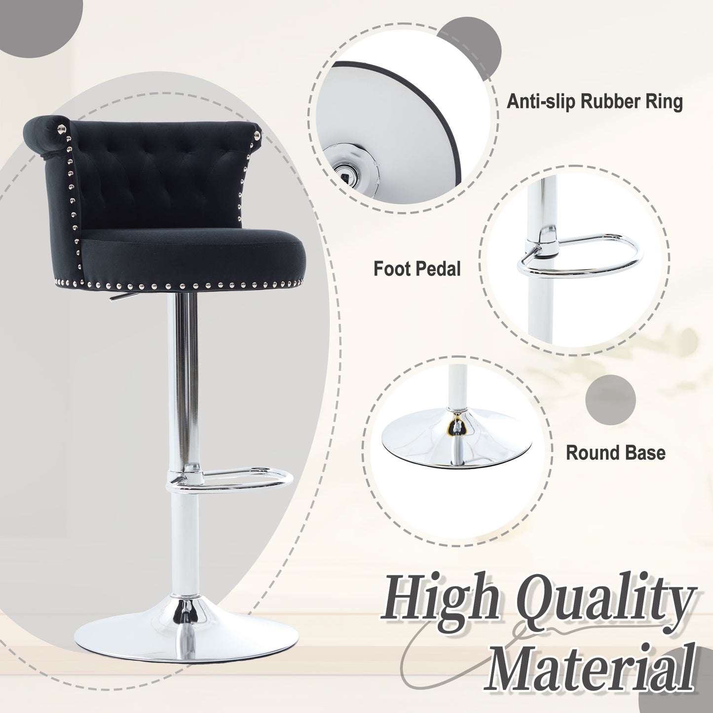 COOLMORE Velvet Bar Stool Set of 2, Adjustable Swivel Bar Stools with Silver Plated Metal Leg, Chrome Nailhead, Counter Height Chair for Kitchen,Dining Room-海智集-Default-