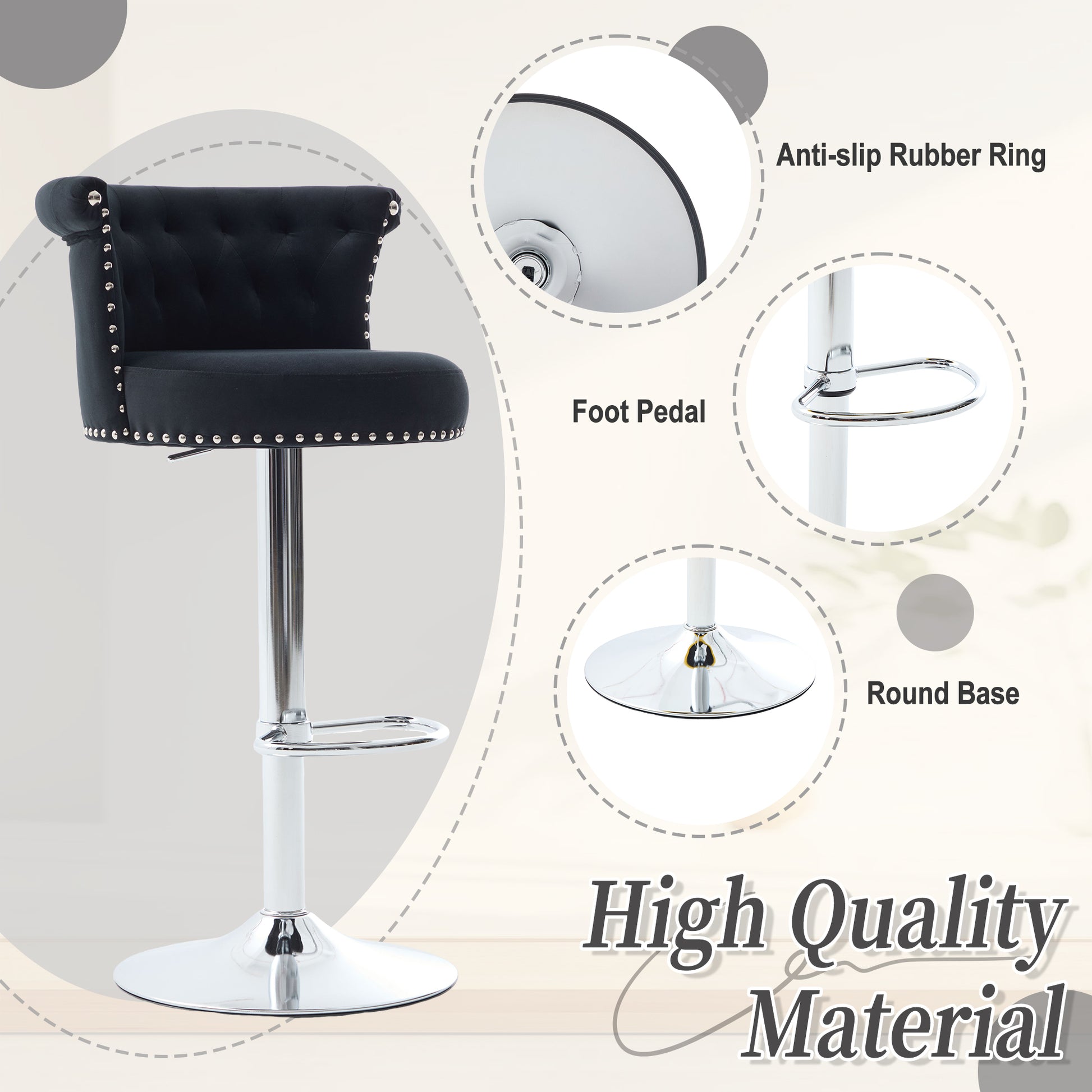COOLMORE Velvet Bar Stool Set of 2, Adjustable Swivel Bar Stools with Silver Plated Metal Leg, Chrome Nailhead, Counter Height Chair for Kitchen,Dining Room-海智集-Default-