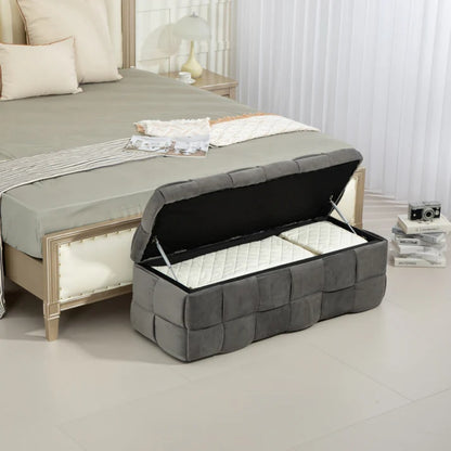 Stylish Velvet Storage Ottoman Bench with Safety Hinge for Living Room & Bedroom, Gray, 43.7'' x 17.32'' x 15.73''-海智集-Default-