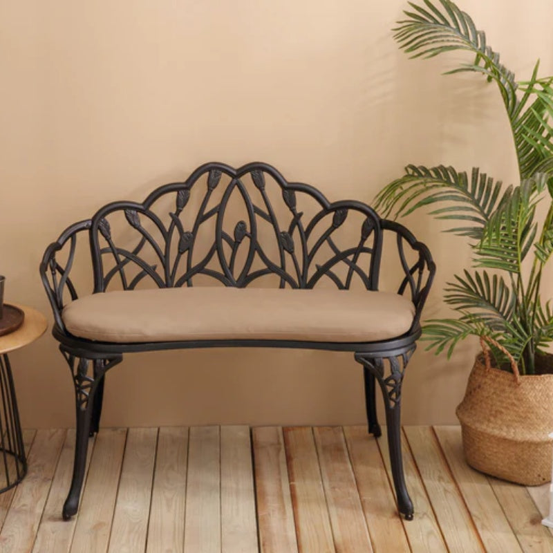 Tulip Patio Garden Bench Metal Park Bench Cast Aluminum Outdoor Furniture with Floral Rose for Patio,Park,Lawn,Yard Black withe cushion-海智集-Default-