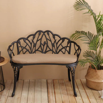 Tulip Patio Garden Bench Metal Park Bench Cast Aluminum Outdoor Furniture with Floral Rose for Patio,Park,Lawn,Yard Black withe cushion-海智集-Default-