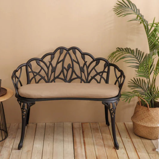 Tulip Patio Garden Bench Metal Park Bench Cast Aluminum Outdoor Furniture with Floral Rose for Patio,Park,Lawn,Yard Black withe cushion-海智集-Default-