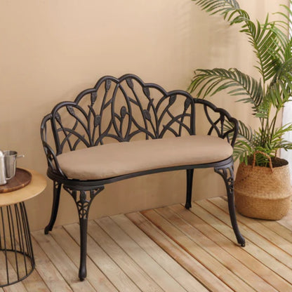 Tulip Patio Garden Bench Metal Park Bench Cast Aluminum Outdoor Furniture with Floral Rose for Patio,Park,Lawn,Yard Black withe cushion-海智集-Default-