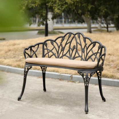 Tulip Patio Garden Bench Metal Park Bench Cast Aluminum Outdoor Furniture with Floral Rose for Patio,Park,Lawn,Yard Black withe cushion-海智集-Default-