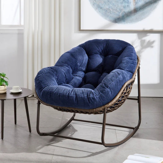 Outdoor Rattan Rocking Chair,Padded Cushion Rocker Recliner Chair Outdoor for Front Porch, Living Room, Patio, Garden, Navy blue-海智集-Default-