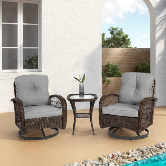 3 Pieces Outdoor Swivel Rocker Patio Chairs, 360 Degree Rocking Patio Conversation Set with Thickened Cushions and Glass Coffee Table for Backyard, Grey-海智集-Default-