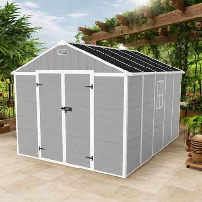 Campcraft 8*10ft resin storage shed, high quality pp material, strong structure, waterproof, rust and UV proof, large storage space, 12mm thick pp board, HD window lighting-海智集-Default-