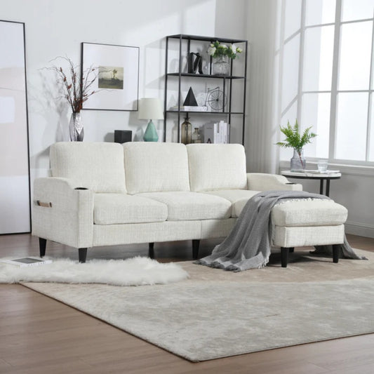 UNITED WE WIN Sofa for three, solid wood frame, Chenille fabric, side pocket, with two cup holders, footstool with storagestorage sofa /Living room sofa cozy sectional sofa-海智集-Default-
