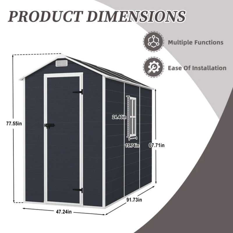 Campcraft 4*8ft resin storage shed, high quality pp material, strong structure, waterproof, rust and UV proof, large storage space, 12mm thick pp board, HD window lighting Dark gray-海智集-Default-