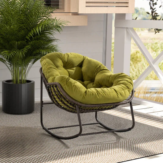 Outdoor Rattan Rocking Chair,Padded Cushion Rocker Recliner Chair Outdoor for Front Porch, Living Room, Patio, Garden, Olive Green-海智集-Default-