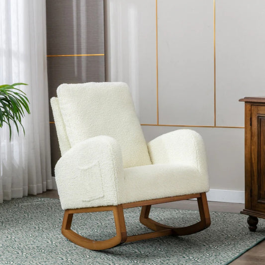 COOLMORE Rocking Chair, Modern Glider Chair, Recliner Armchair with Wood Legs and Side Pocket, Nursery Rocking Accent Chair with High Back for Living Room Bedroom (White Teddy)-海智集-Default-