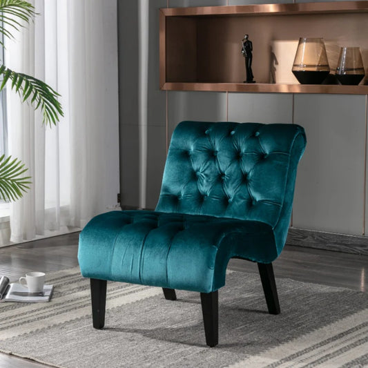 COOLMORE Modern Velvet Armless Accent Living Room Chair / Leisure Chair,Upholstered Fabric Button Comfortable Chair with Wooden Legs for Bedroom, Living Room, Office (Teal Velvet)-海智集-Default-