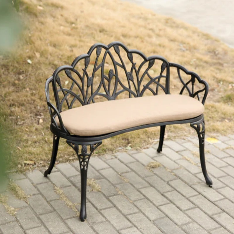 Tulip Patio Garden Bench Metal Park Bench Cast Aluminum Outdoor Furniture with Floral Rose for Patio,Park,Lawn,Yard Black withe cushion-海智集-Default-